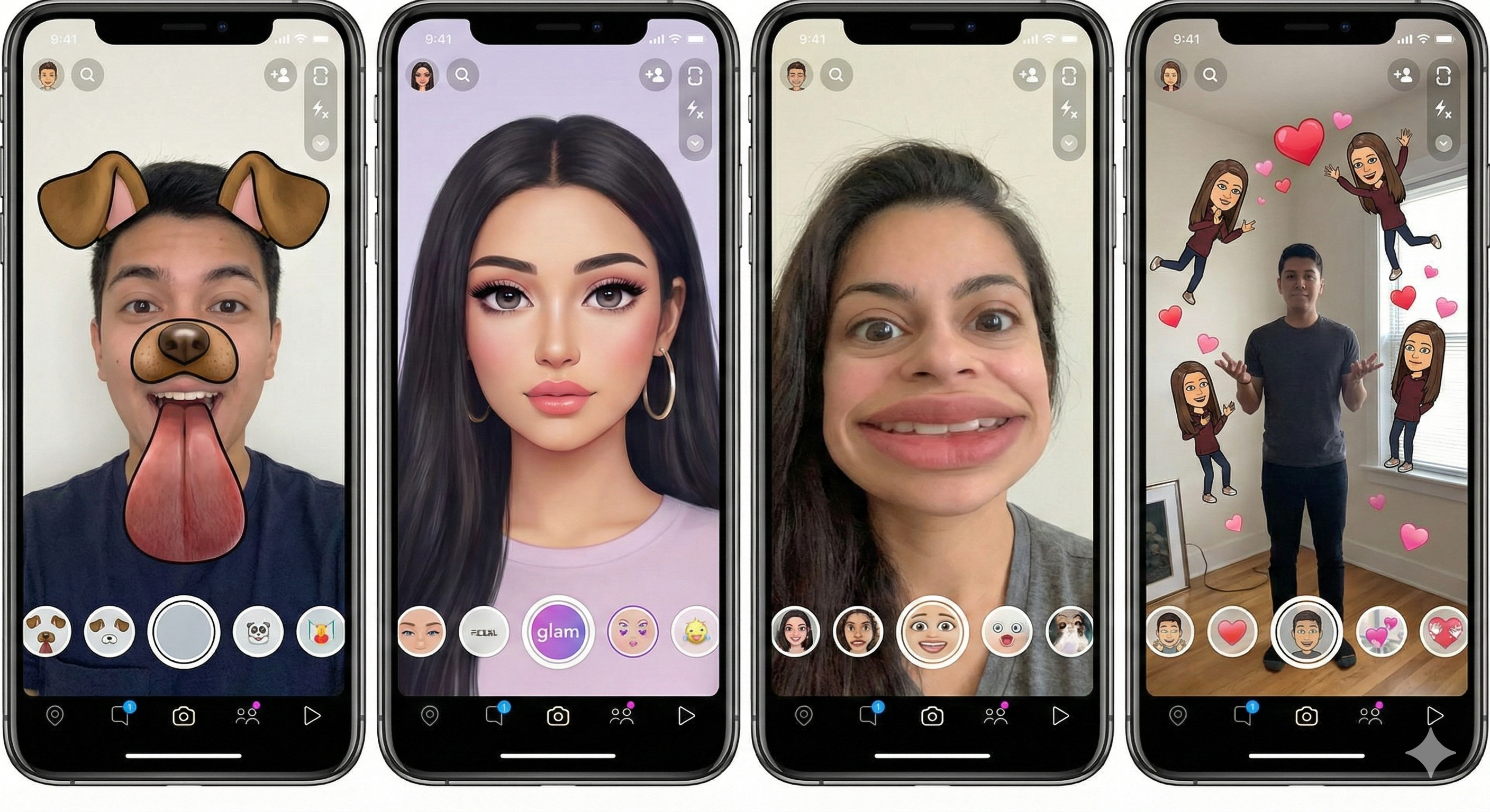 Exemplos de filtros e efeitos de realidade aumentada em apps